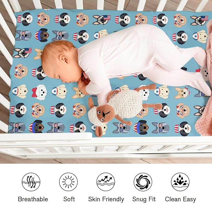 Cute Patriotic Dogs Fitted Baby Crib Sheets for Boy Girl 52"x28" 4th of July Puppies Flags Soft Stretchy Crib Mattress Covers Dogs Lovers Gift Baby Sheets for Standard Crib and Toddler Bed Mattress