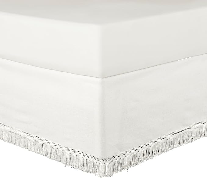 Lush Decor Boho Fringe 15-Inch Tailored Drop Easy Fit Bed Skirt Queen Size Single 60" W x 80" L +15" Pure White - Queen Bed Skirt - Wrap Around Bed Skirt