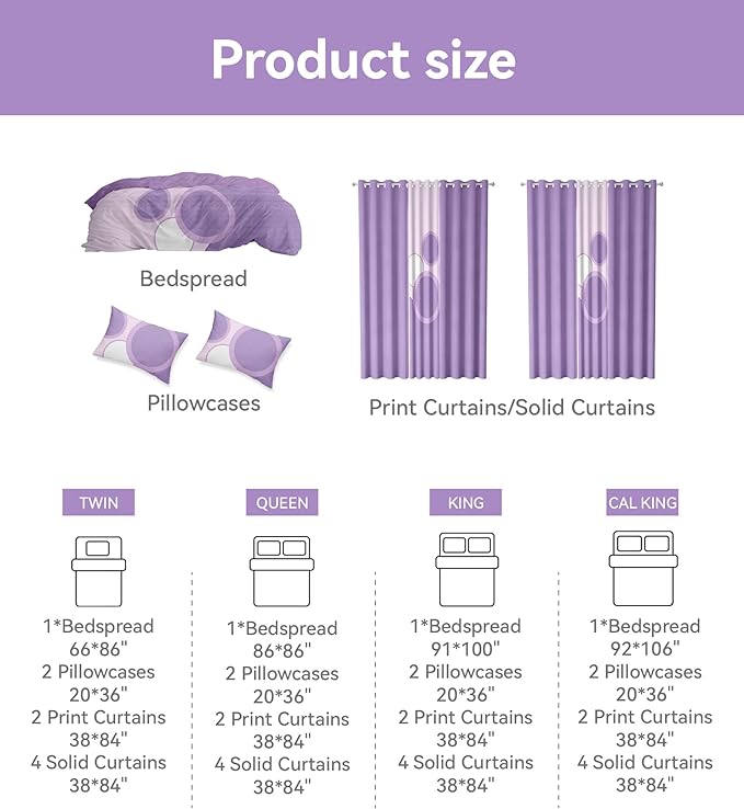 Matching Curtains and Bedding Sets, 1 Bedspread (91"x100") 2 Pillowcases 2 Print 4 Solid Curtains, Purple Dot Microfiber King Bed Cover Set, Wrinkle-Resistant & Easy Care