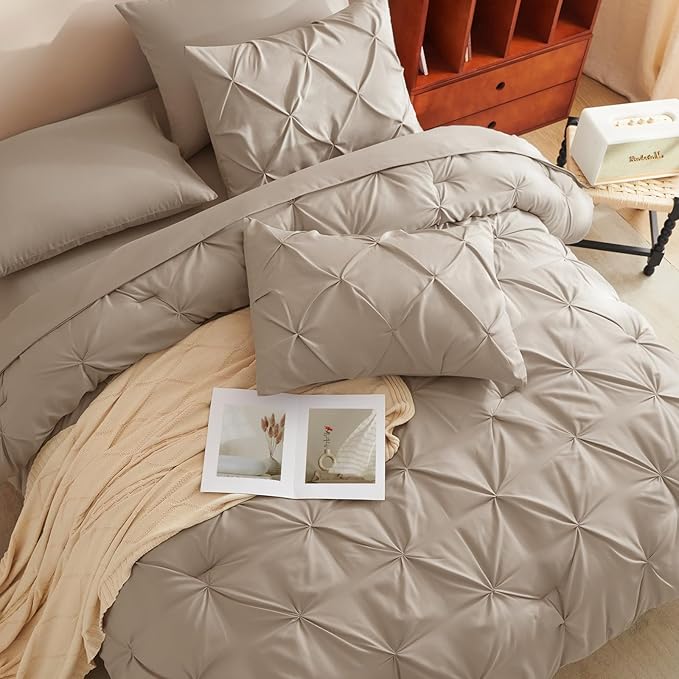CozyLux King Size Comforter Set Taupe, 7 Pieces Pintuck Bed in A Bag Taupe Comforter King Size, Pinch Pleat Bedding Set with All Season Comforter, Sheets, Pillowcases & Shams