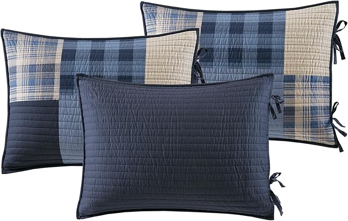 Woolrich Quilt Set Patchwork Channel Quilting, Cottage Coverlet for Twin Size Bed All Seasons, Lightweight Prewashed Cotton Coverlet Bedspread, Shams, Winter Hills, Oversized Daybed Blue 5 Piece