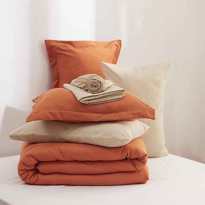 Bedsure King Size Comforter Set - 7 Pieces Burnt Orange King Bedding Set for All Seasons, Boho Contrasting Design Bed in a Bag with Comforter, Sheets, Pillowcases & Shams