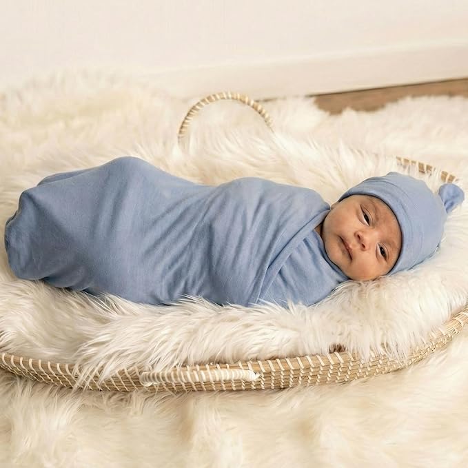 Large Jersey Knitted Swaddle Blanket for Baby, Soft Stretchy Receiving Blanket for Newborns with Hat, Baby Nursery Swaddle 47 x 47 inches(Steel Blue)