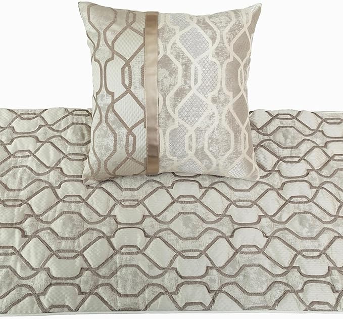 The HomeCentric King/Queen/Twin Ivory & Silver Decorative Twin 53"x18" Bed Runner with Pillow Cover, Lattice & Quilted Bed Scarf on Jacquard Silk Fabric - Ivory Delicacy
