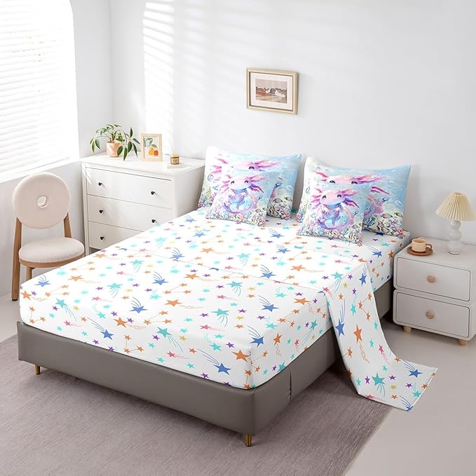 Feelyou Boys Girls Cute Axolotl Comforter Set with Sheets Queen Size, Ocean Sealife 7 Pieces Bedding Sets Kids Kawaii Bed in A Bag Cartoon Salamander Bed Set