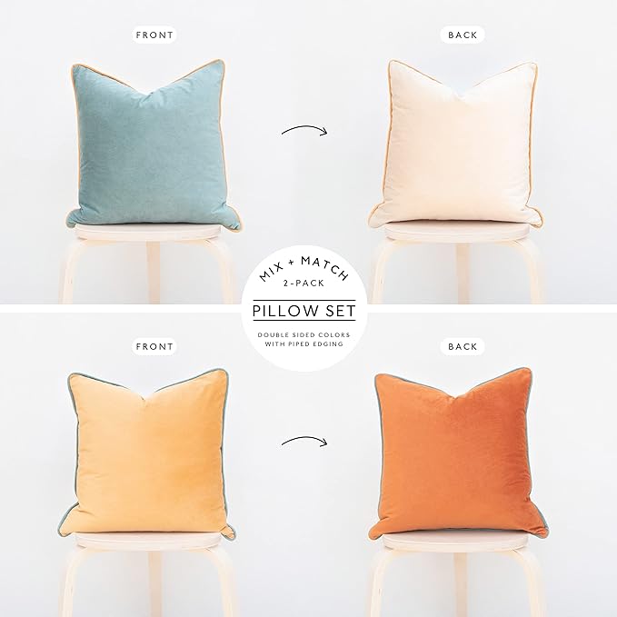 MONDAY MOOSE Decorative Throw Pillow Covers Cushion Cases, Set of 2 Soft Velvet Modern Double-Sided Designs, Mix and Match for Home Decor, Pillow Inserts Not Included (20x20 inch, Orange/Teal)