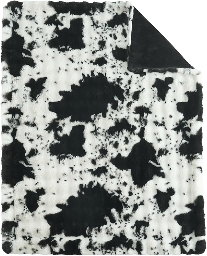 Lotus Karen Faux Fur Throw Blanket Cow Print-Black, Fluffy Fuzzy Plush Bubble Blanket for Couch, 60x50 Inches Cozy Shaggy Rabbit Blanket, Luxury Decorative Gifts for Sofa Bedroom Living Room.