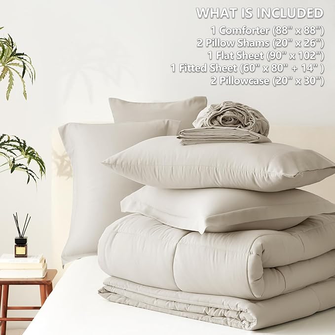 CozyLux Queen Comforter Set Oatmeal - 7 Pieces Bed in a Bag Queen, All Season Breathable Bedding Sets, Oeko-Tex Certified Bed Set with Down Alternative Comforter, Sheets, Pillowcases & Pillow Shams