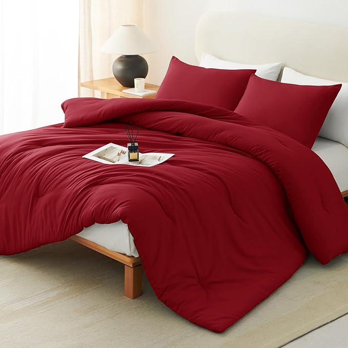 CozyLux Queen Comforter Set Dark Red, 3 Pieces Solid Queen Comforter Breathable Quilted Style Bedding Sets, Luxury Soft Bed Set with Down Alternative Comforter All Season (1 Comforter & 2 Pillowcases)
