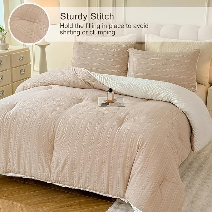 Boho Comforter Set King Size Striped Pleats Bohemian Seersucker Bedding Set All Season Soft Cozy 3 Pieces Quilt with 2 Pillowcases(104"X90" Beige)