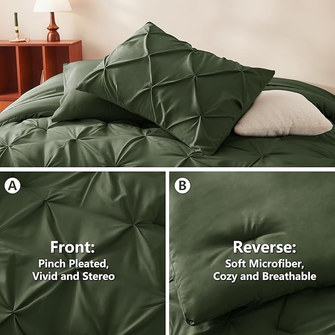 CozyLux California King Comforter Set Olive Green - 7 Pieces Cal King Pintuck Bed in A Bag Gift for Family, Pinch Pleat Bedding Sets with All Season Comforter, Sheets, Pillowcases & Shams