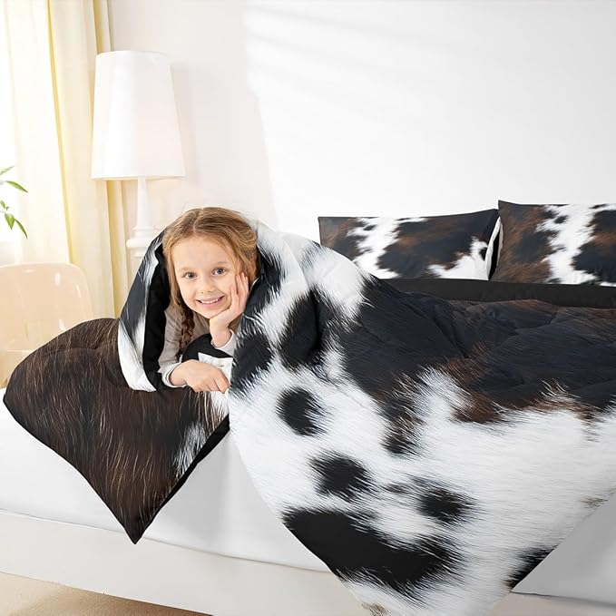 Brown Cowhide Comforter Set King,Black White Aztec Cow Print Bedding Set Western Farmhouse Animal Fur Down Comforter for Kids Boys Girls,Rustic Cowboy Quilt Duvet Set 2 Pillow Cases Bedroom Decor