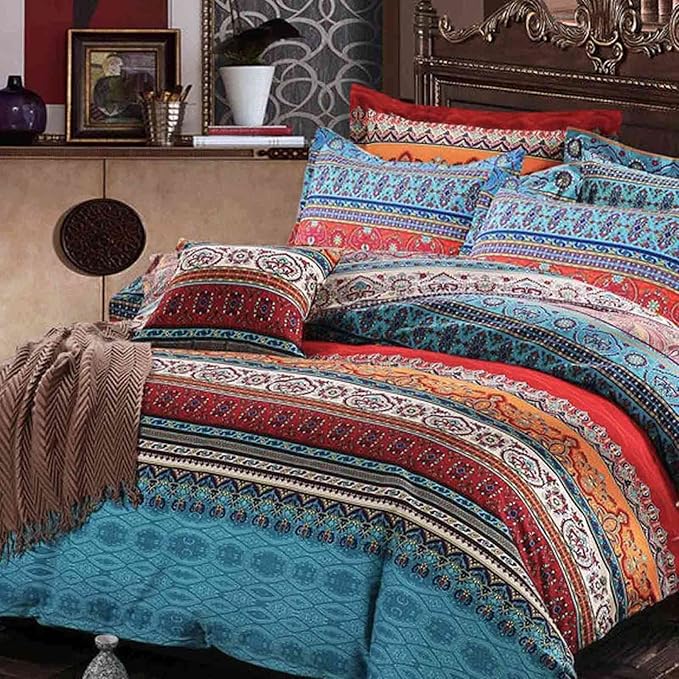 Nanko Twin XL Size Duvet Cover Set Boho Red Blue Colorful Retro Striped Print Luxury Soft Microfiber Bedding Comforter Cover with Zipper Ties - Bohemian Western Bed Sets for Men and Women 2pcs 68 x 90