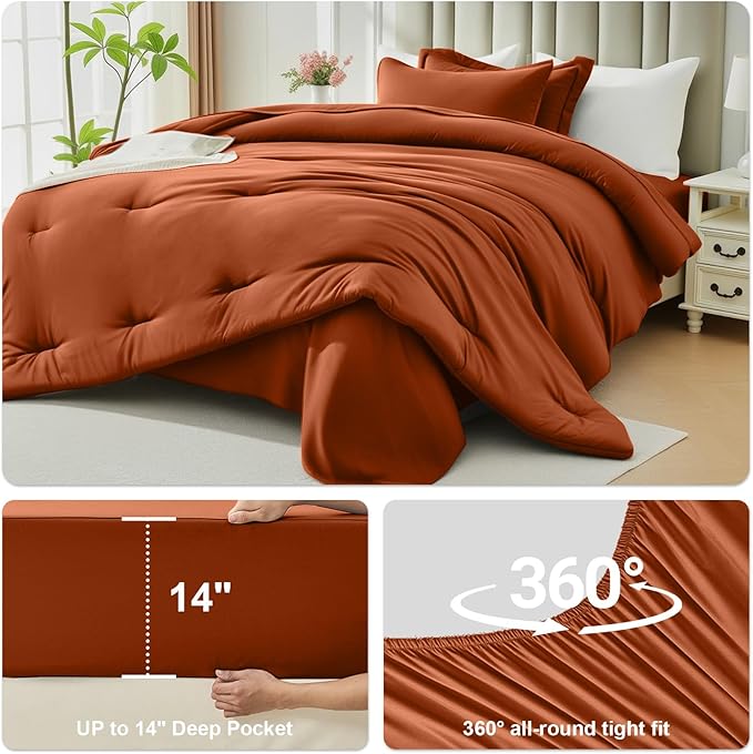Queen Comforter Set 7 Piece - Soft Bed in a Bag Queen Size Comforter Sets, Cozy Luxury Bedding Sets with All Season Comforter, Flat Sheet, Fitted Sheet,2 Pillowcases & 2 Shams, Orange