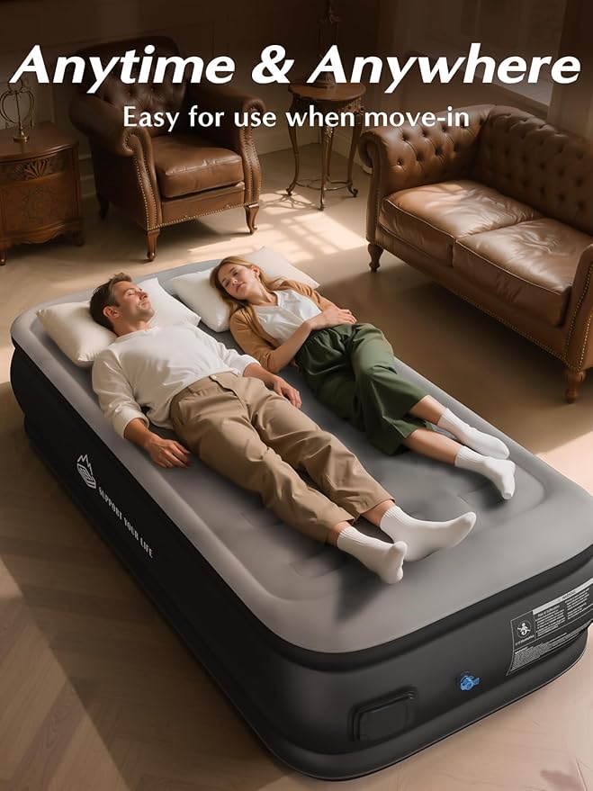 Twin Air Mattress with Built in Pump, 18" Upgraded One-Touch Inflatable Airbed for Home, Camping Guests, Portable Blow Up Mattress, 440lbs Capacity