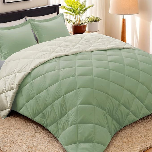 HIG 3pc Sage Green Twin/Twin XL Comforter Set - All Season Reversible Down Alternative Comforter with Sham - Quilted Duvet Insert with Corner Tabs - Diamond Stitched Blanket - Breathable, Soft, Fluffy
