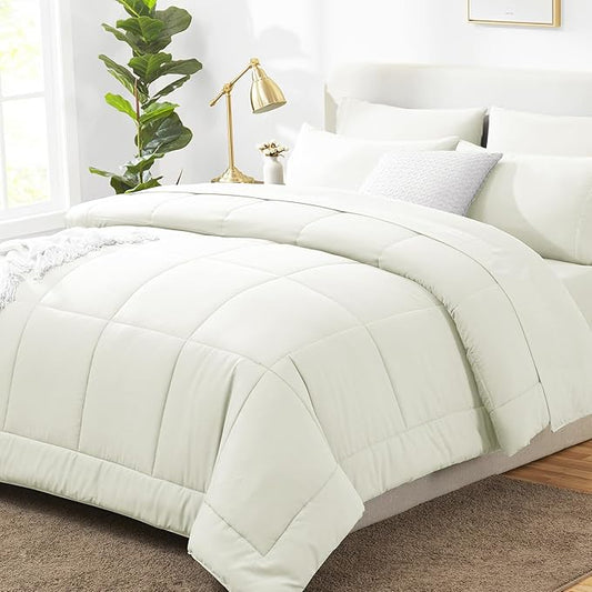 CozyLux King Size Comforter Set Ivory - 7 Pieces Bed in a Bag, Cream Off White Comforter King Size, Bedding Sets with All Season Quilted Comforter, Flat Sheet, Fitted Sheet, Pillowcases