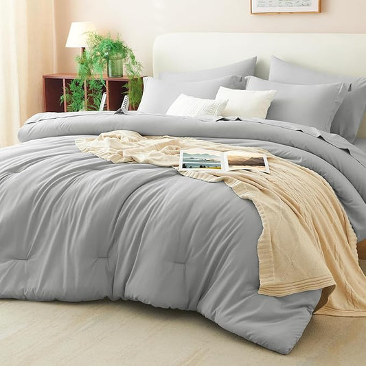 CozyLux Queen Comforter Set Light Grey, 7 Pieces Bed in a Bag Queen Comforter Set with Sheets, Soft Bedding Sets with Down Alternative Comforter, Fitted Sheet, Flat Sheet, Pillow Shams and Pillowcases