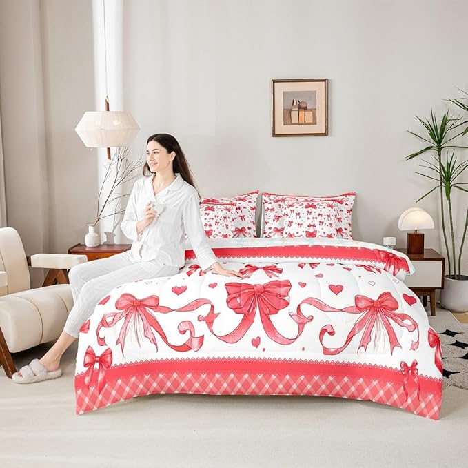 Feelyou Bowknot Comforter Set with Sheets 7 Piece Twin Size Dreamy Princess Bedding Set for Kids Boys Girls Cute Bow Bed in a Bag Love Hearts Room Decor Soft Lightweight Microfiber