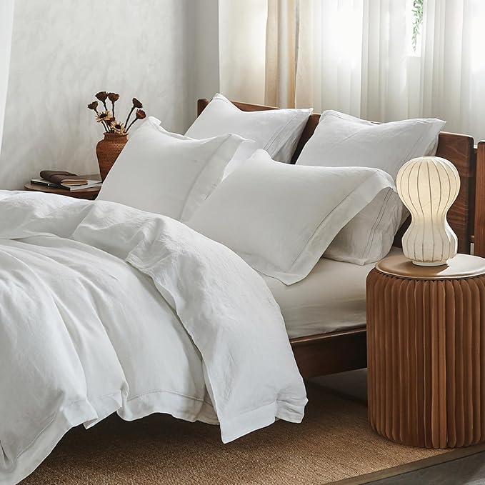 Simple&Opulence 100% Washed Linen Duvet Cover with Embroidered, 3 Pieces Soft Farmhouse Comforter Set with Button Closure,1 Duvet Cover and 2 Pillowshams(Queen, White)