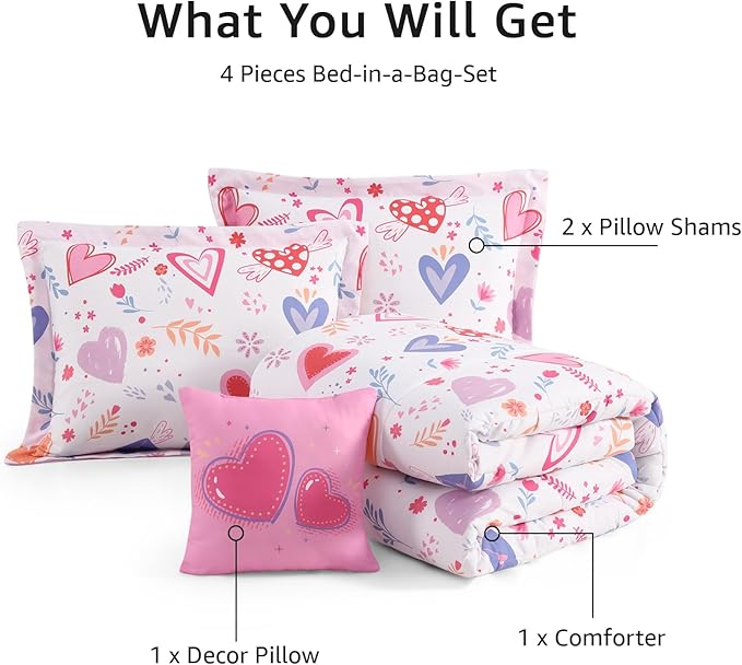 Full Size Comforter Set for Girls - 4 Pieces Heart Love Full Bedding Sets for Kids,1 Comforter, 2 Shams and 1 Decor Pillow