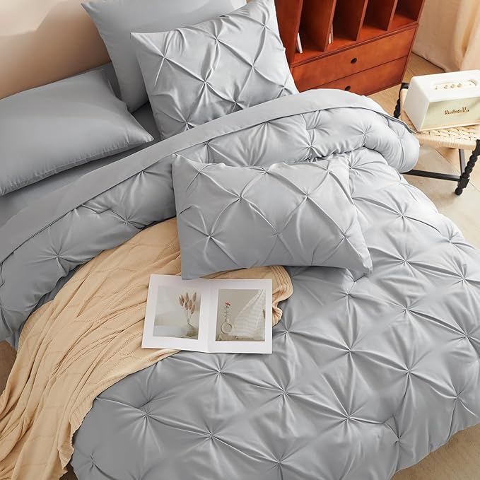 Queen Comforter Set Light Grey, 7 Pieces Pintuck Bed in A Bag Queen Size Bedding, Soft Bed Set All Season Pinch Pleat Comforter Set with Sheets, Pillowcases & Shams