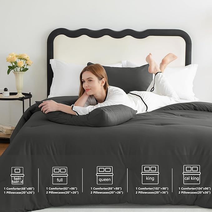 CozyLux Queen Comforter Set Dark Grey, 3 Pieces Solid Dark Gray Breathable Quilted Style Bedding Sets, Luxury Soft Microfiber Down Alternative Comforter for All Season (1 Comforter & 2 Pillowcases)