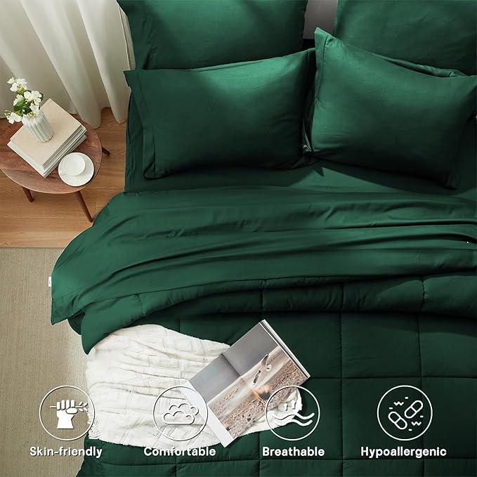 Anluoer California King Size Bed in a Bag 7 Pieces,Emerald Green Cal King Comforter Set with Sheets,All Season Bedding Sets with Comforter,Pillow Shams,Pillowcases,Flat Sheet,Fitted Sheet