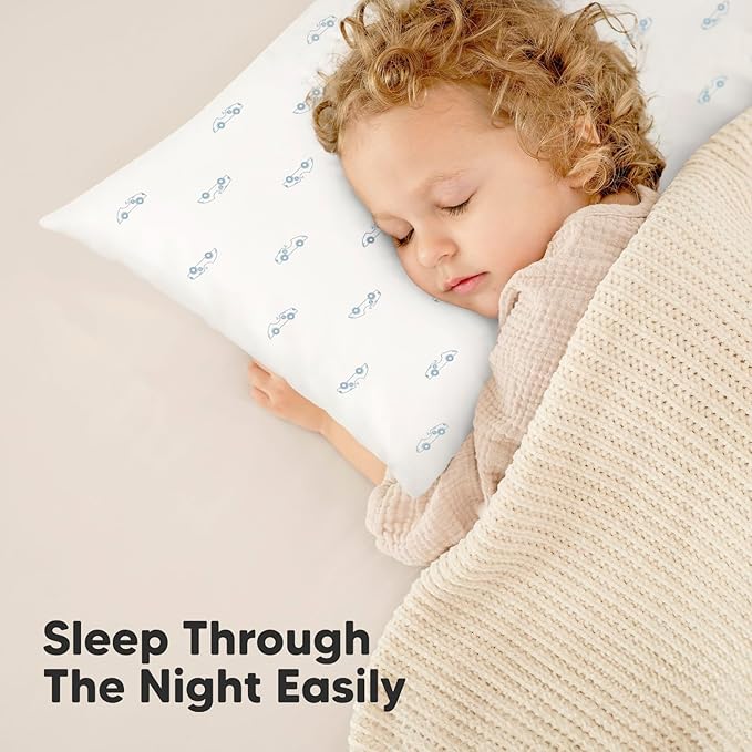 KeaBabies 2-Pack Toddler Pillows 2 Year Old to 5-13x18 Soft Organic Cotton Kids Pillow for Sleeping, Travel, School, Daycare, Nap, Toddler Bed, Machine Washable, Without Pillowcase (Roadsters)