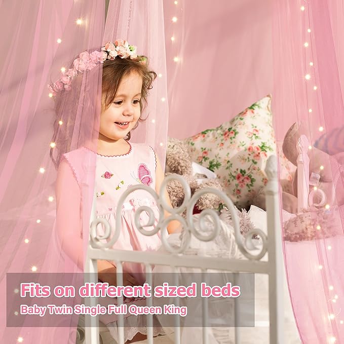 Bed Canopy with Lights, Bed Canopy for Girls Princess with Luminous Stars, Canopy Bed Curtains for Twin to King Size Bed, Baby Kids Adult Indoor Decor Bedroom Reading Nook Outdoor Camping, Pink