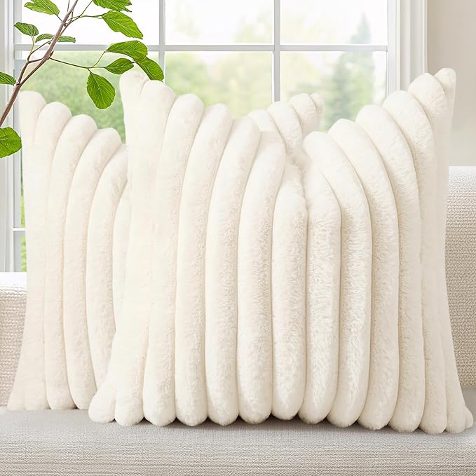 decorUhome Cozy Faux Fur Spring Throw Pillow Covers 20x20 Set of 2 Decorative Soft Plush Striped Modern Farmhouse Boho Couch Pillow Cases with Velvet Back for Sofa Bed Living Room, Cream White