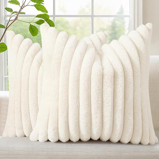decorUhome Cozy Faux Fur Spring Throw Pillow Covers 20x20 Set of 2 Decorative Soft Plush Striped Modern Farmhouse Boho Couch Pillow Cases with Velvet Back for Sofa Bed Living Room, Cream White