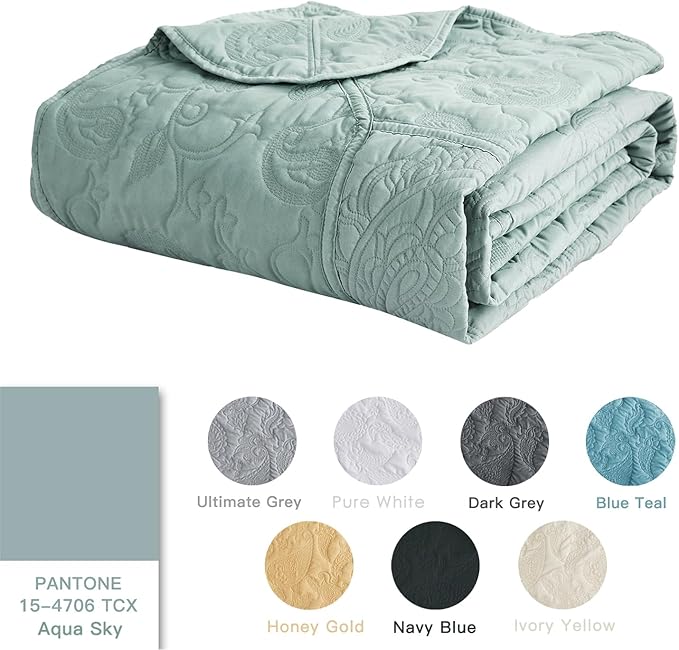 HZ & HY Oversized King Bedspread, Quilted Coverlet Bedding Set, Lightweight Thin Comforter, Reversible, Luxurious, 5 Piece, 100% Microfiber, Aqua Sky