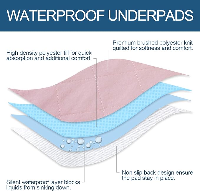 Bed Pads Washable Waterproof 2 Pack for Incontinence, Large 34 x 36 inch Absorbent Underpads, Reusable Pee Pads for Kids, Adults, Pets, Pink