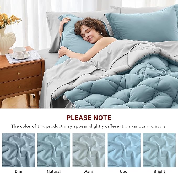 MUXHOMO 7 Pieces Queen Comforter Set, Reversible Bed in a Bag Queen Size, All Season Bedding Set with Comforter, Flat Sheet, Fitted Sheet, Pillowcases & Shams, Greyish Blue & Light Grey