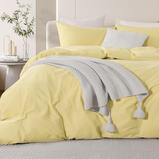 NEXHOME PRO Duvet Cover Set 100% Washed Cotton California Kingn 104"x98", Organic Natural Linen Look Textured 3 Pieces Bedding Set Cream Yellow with Zipper Closure, Breathable
