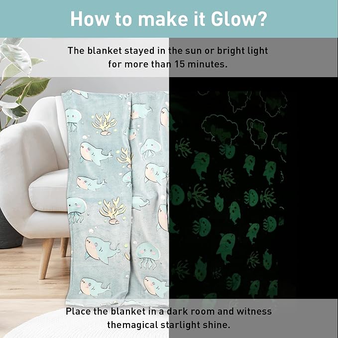 Glow in The Dark Blanket Shark Pattern for Unique Birthday Gifts for Girls Boys Teens, Lightweight Soft Cozy Warm Fuzzy 60"×80" Blue