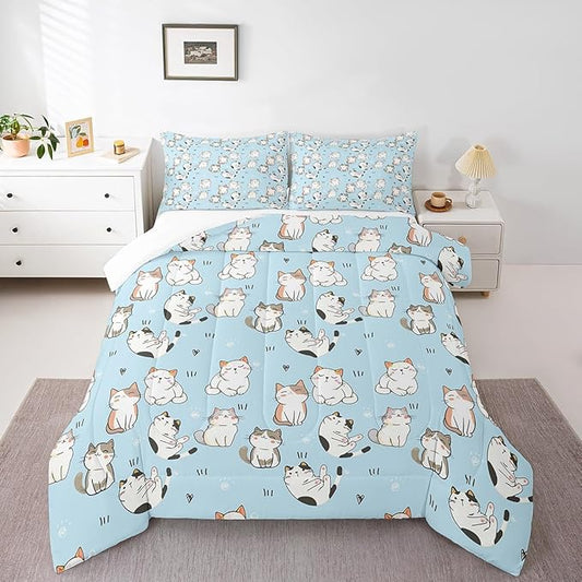 Erosebridal Cat Duvet Insert Queen, Kawaii Garfield Cat Bedding Set for Kids Boys Girls, Paw Print Love Heart Comforter Set, Cartoon Animals Soft Quilt 3 Pieces, Blue