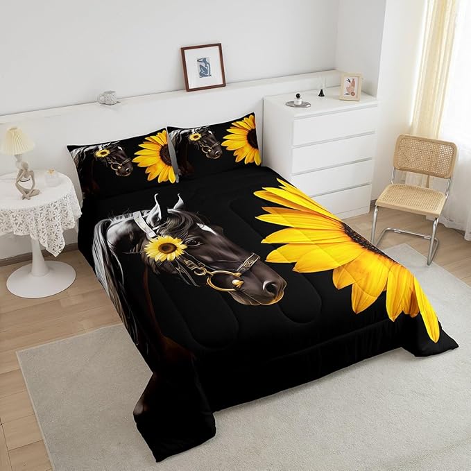 Erosebridal Horse Comforter Set Full,Sunflower Horse Bedding Set for Boys Girls Teens Adults,Western Cowboy Farmhouse Down Comforter Farm Animal Quilt Duvet Sets Bedroom Decor 2 Pillow Cases Black