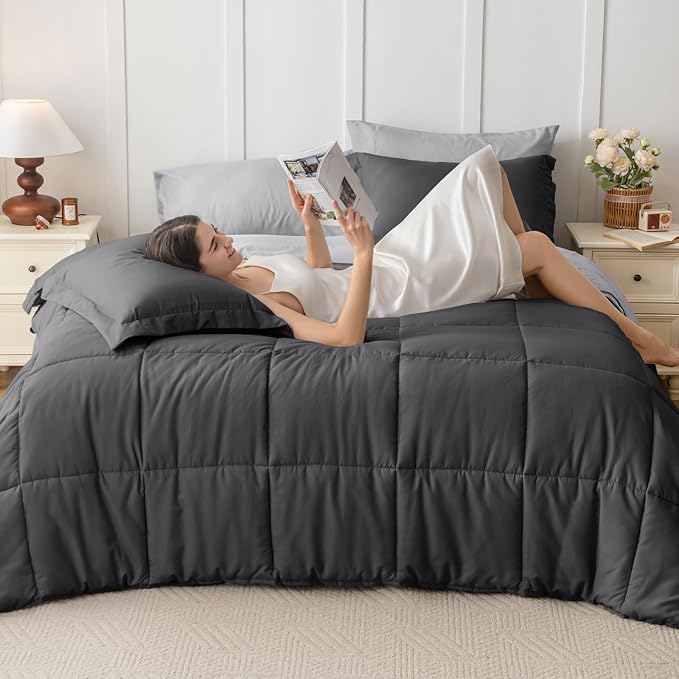 JOLLYVOGUE Twin XL Comforter Set, Ultra-Soft Bed in a Bag Twin XL Size 5 Pieces, Oeko-TEX Certified Bedding Set with Down Alternative Comforter, Sheets, Pillowcases & Shams, Dark & Light Grey