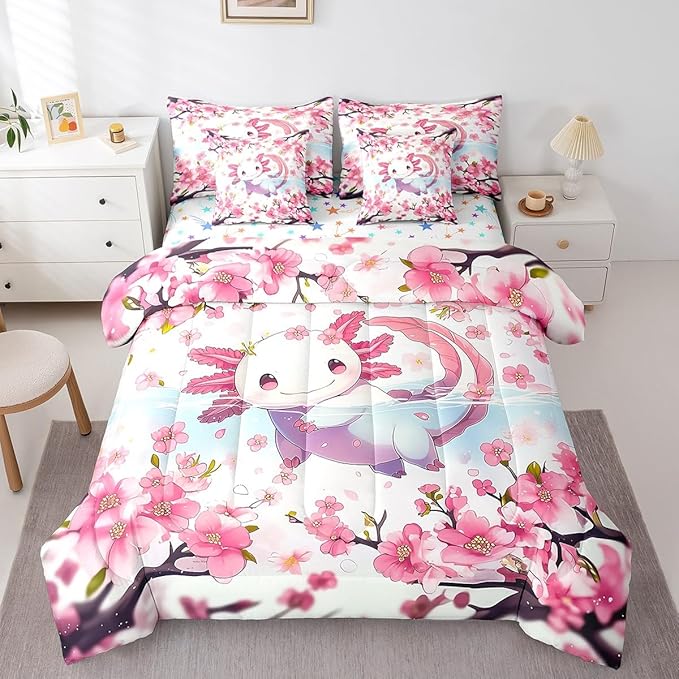 Feelyou Boys Girls Cute Axolotl 7 Pieces Bedding Sets Full Size, Cartoon Salamander Bed in A Bag Ocean Sealife Comforter Set with Sheets Kids Kawaii Teens Bed Set Bedroom Decor