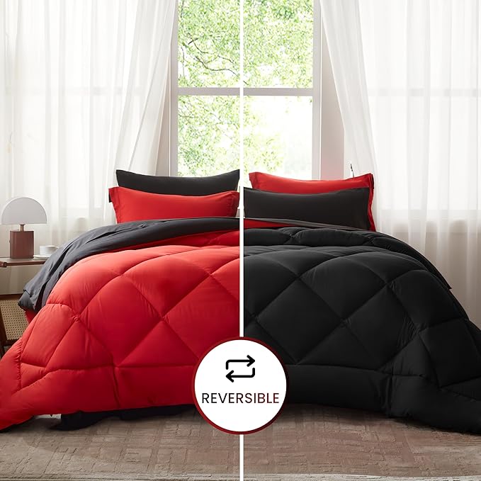 Anluoer King Comforter Set，Red and Black Bed in a Bag 7 Piece，Lightweight Bedding Set with Soft Down Alternative Fill，Bed Set Includes Comforter, Fitted Sheet, Flat Sheet，Pillowcases and Shams