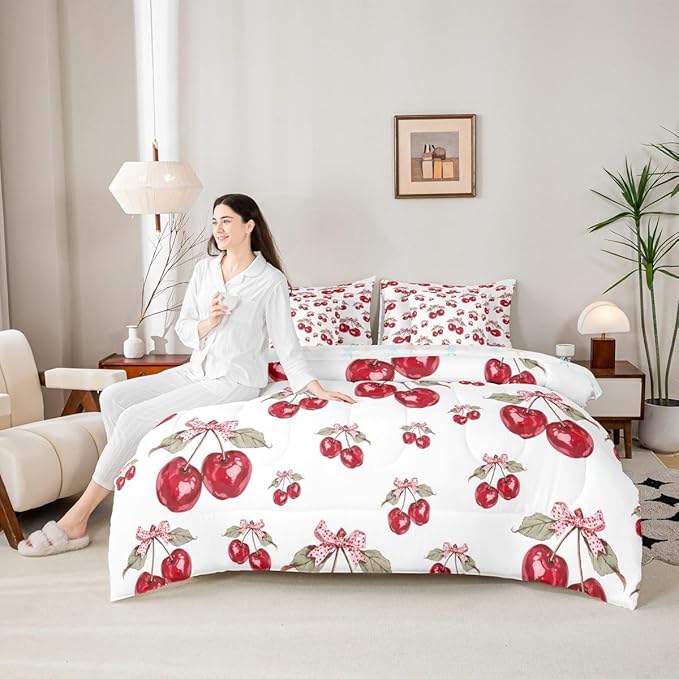 Feelyou Red Cherry Twin Comforter Set with Sheets for Kids Boys Girls Pink Bowknot 7 Pieces Bedding Set Cartoon Cherry Bed in a Bag Cute Bow Room Decor Soft Lightweight Microfiber