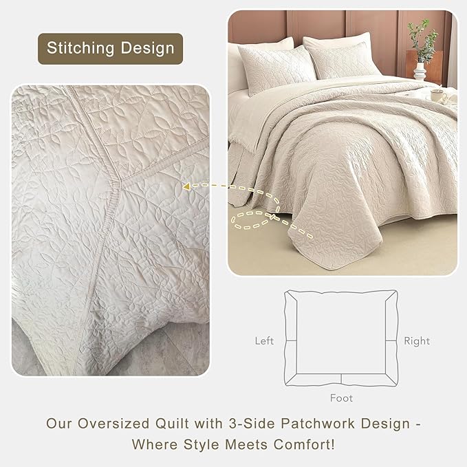 Lady Ann Oversized King Bedspreads Set for 120x120 Extra Bed, Wheat Leaves Print Summer Lightweight California King Quilt Coverlet Ultra Soft Luxurious Thin Comforter Bed Cover
