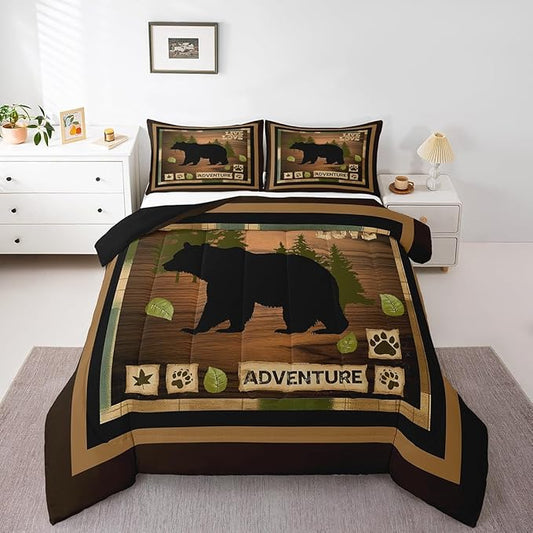 Feelyou Full Size Rustic Bear Bedding Set Wildlife Hunting Comforter Set Bear and Paw Comforter for Kids Boys Girls Cabin Duvet Insert Kids Bedroom Decor 3Pcs