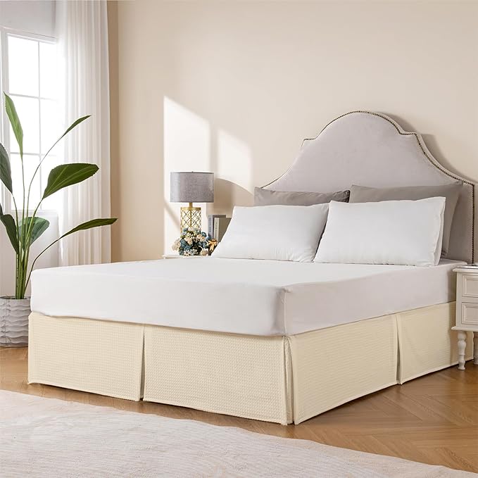 MIYE Pleated Waffle Weave Bed Skirt, Tailored Dust Ruffle 16 Inch Drop Easy Fit, Machine Washable,No Split Corners(Light Beige, Cal King - 16" Drop)