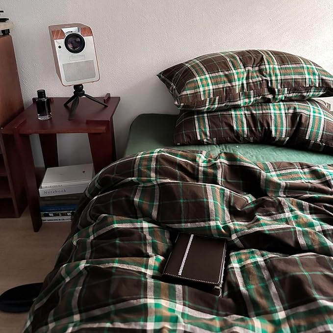 LifeTB Brown Green Plaid Comforter Set Full Size, 3 Pieces Vintage Checkered Pattern Comforter Buffalo Plaid Gingham Comforter Set with 2 Pillowcases, Soft Farmhouse Grid Bedding Set for All Seasons