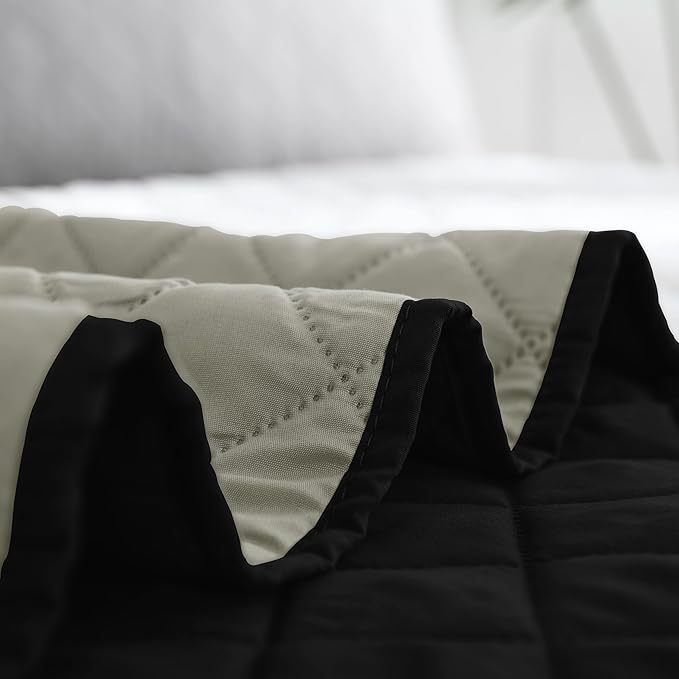Easy-Going King Size Reversible Quilt Set with 1 Quilt and 2 Pillow Shams, Soft Bed Quilt Cover, Water Resistant Lightweight Microfiber Bedspread, Stain Resistant, Black/Beige