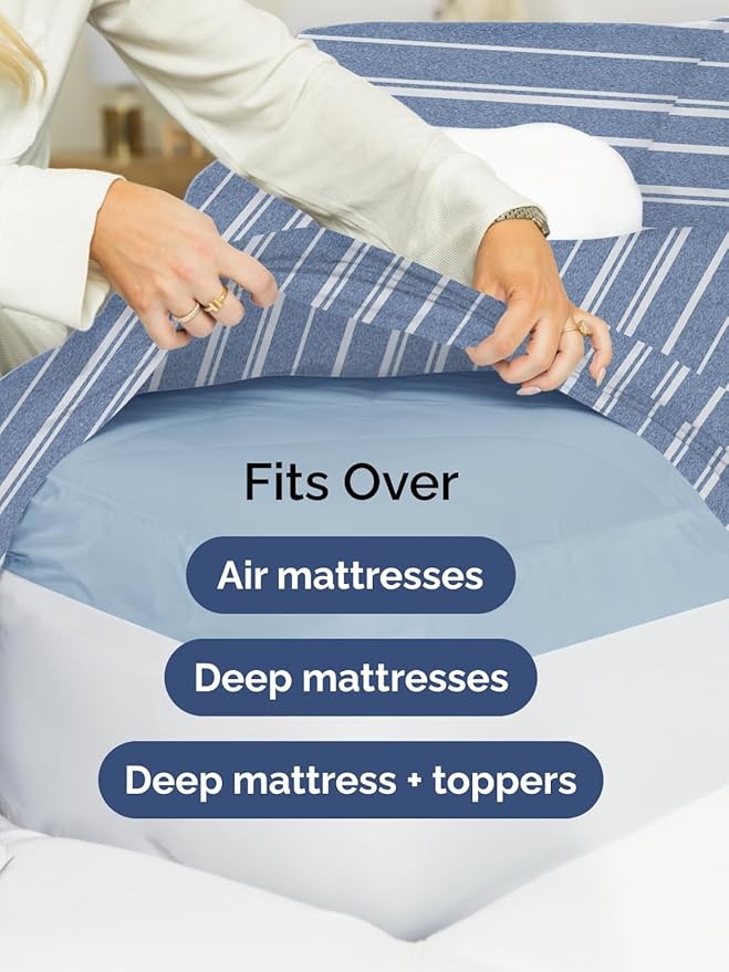 Extra Deep Split King Sheet Set - 7 Piece Breathable and Cooling Sheets - Hotel Luxury Bedding for Women, Men, Kids & Teens - Secure Fit - Soft and Wrinkle Free with Extra Deep Pockets - Blue Stripes