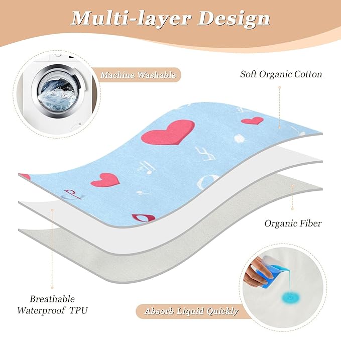 Waterproof Bed Pad Reusable Changing Pad Toddler Mattress Protector Large Pee Pad Baby Diaper Pad Soft Washable Liner Sky Blue Music Note and Hearts